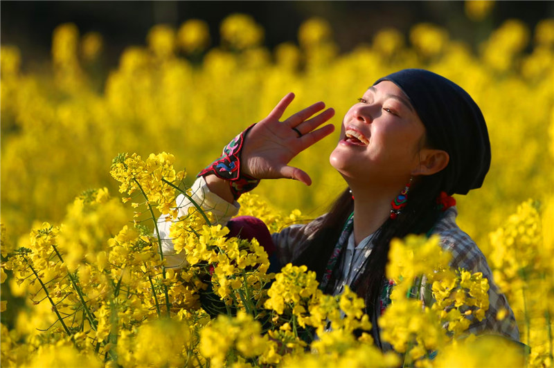 游客在油菜花海里拍照賞花。