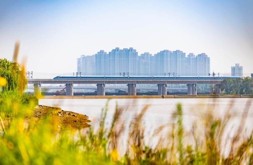 復(fù)興號動車組列車駛過鄭西高鐵灞河大橋。劉翔 攝