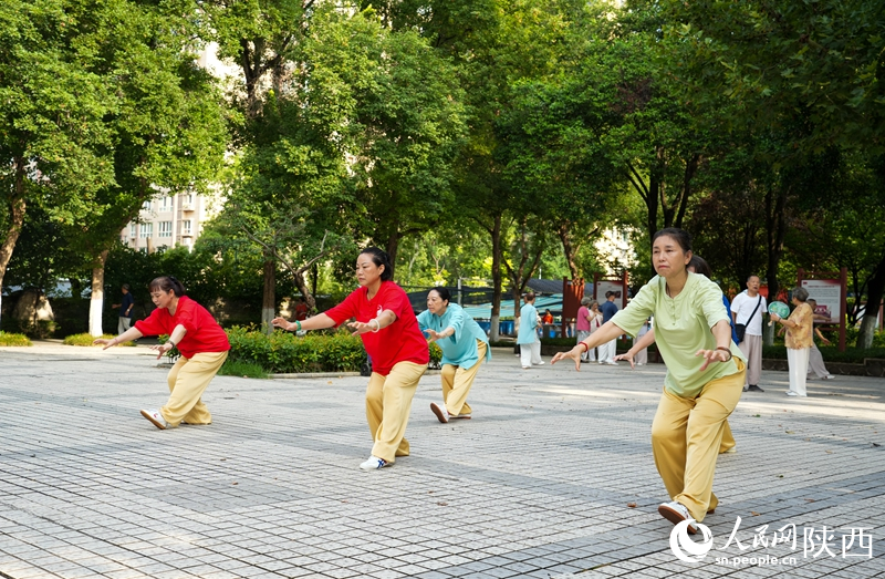 西安市勞動公園內(nèi)，市民正在練習(xí)五禽戲。人民網(wǎng)記者 賈凱璐攝